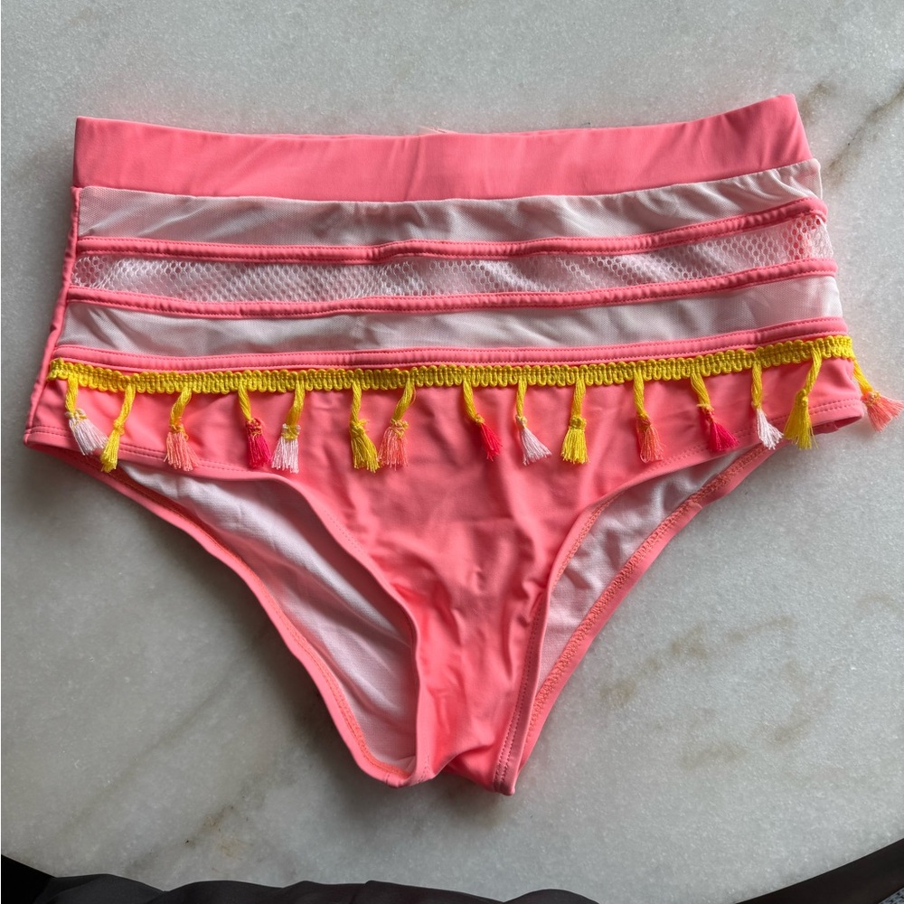 Pink High-Waisted Bikini Bottom with Tassels